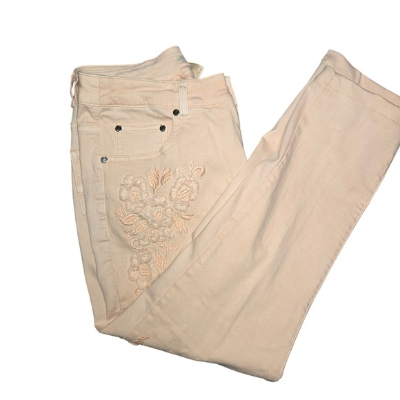 Eric Denim - Eric Peach Floral Embroidered Denim Jeans Women Size 10 Pink Pastel Crop Stretch